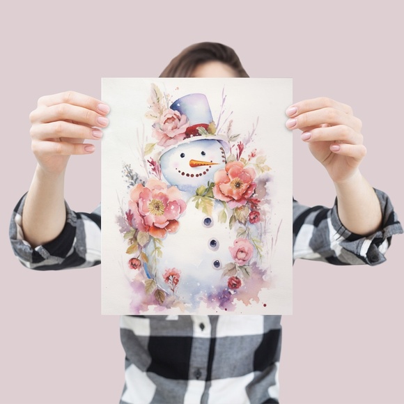 Watercolor Snowman Christmas Theme Wall Art Illustration Print Unframed - Picture 4 of 5